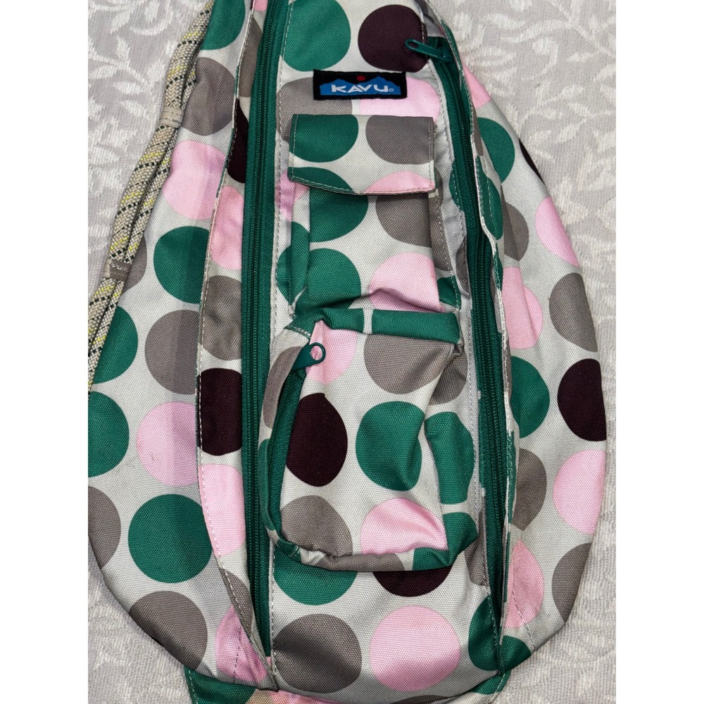 KAVU‎ Rope Bag Sling Backpack Polka Dot Green Pink Grey Crossbody - Picture 3 of 8